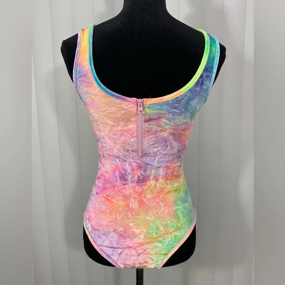 IHEARTRAVES Tie Dye Velour Zip Up Rave Dance Bodysuit Leotard Multicolor Small - Picture 6 of 13